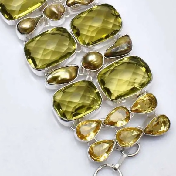 Sparkly Peridot + Citrine + Biwa Pearl multi-gem cluster statement cuff Bracelet - Picture 9 of 13
